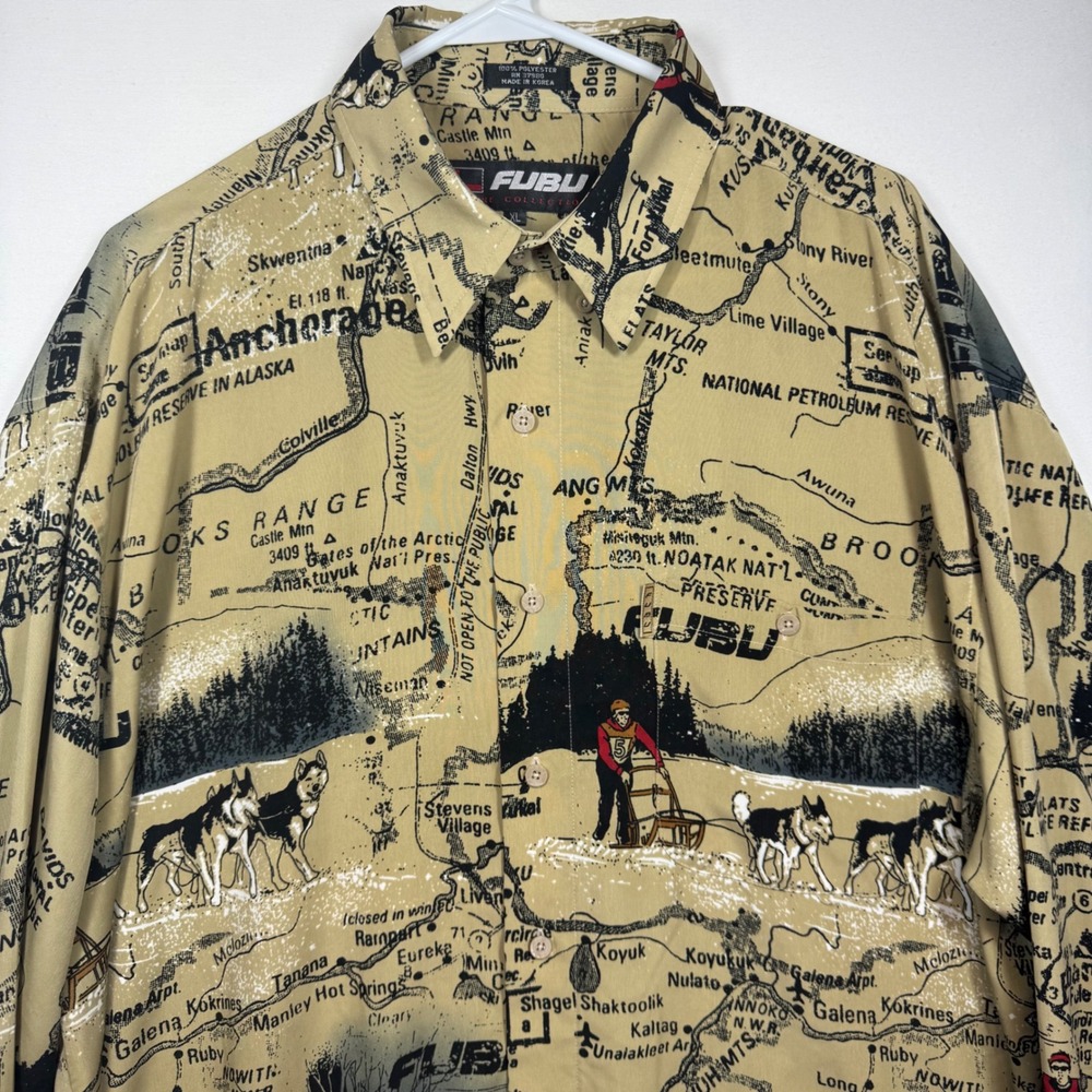 FUBU The Collection Mens XL Alaska Map Dog Sled Long Sleeve Shirt Y2K - Picture 9 of 9